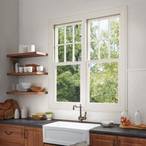 Double-hung windows in a sunny kitchen